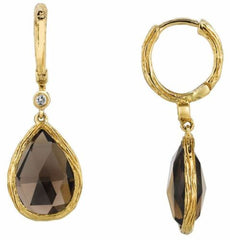 6.53CT DIAMOND & AAA SMOKY TOPAZ 14KT YELLOW GOLD PEAR SHAPE HANGING EARRINGS
