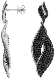 ESTATE 3.90CT WHITE & BLACK DIAMOND 14KT WHITE GOLD MULTI ROW TEAR DROP EARRINGS