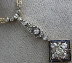 ANTIQUE LARGE 2.30CT DIAMOND & AAA SAPPHIRE 14KT TWO TONE GOLD NECKLACE #26434