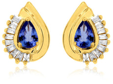 ESTATE 1.30CT DIAMOND & AAA TANZANITE 14K YELLOW GOLD CLASSIC TEAR DROP EARRINGS