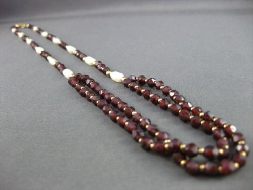 ESTATE 14KT YELLOW GOLD AAA GARNET & AAA PEARL DOUBLE STRANDED NECKLACE #20589