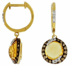 3.94CT WHITE & CHOCOLATE FANCY DIAMOND & AAA CITRINE 14K YELLOW GOLD 3D EARRINGS
