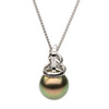 ESTATE .12CT DIAMOND & AAA TAHITIAN PEARL 18KT WHITE GOLD MILGRAIN SWIRL PENDANT