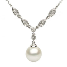ESTATE .16CT DIAMOND & AAA PEARL 14KT WHITE GOLD MARQUISE SHAPE LARIAT NECKLACE