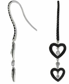 .85CT WHITE & BLACK DIAMOND 14KT WHITE GOLD DOUBLE HEART LOVE HANGING EARRINGS