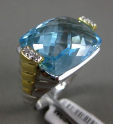 EXTRA LARGE 20.04CT DIAMOND & CUSHION BLUE TOPAZ 14KT WHITE & YELLOW GOLD RING