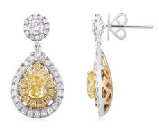 2.79CT WHITE & FANCY YELLOW DIAMOND 18K TWO TONE GOLD TEAR DROP HANGING EARRINGS