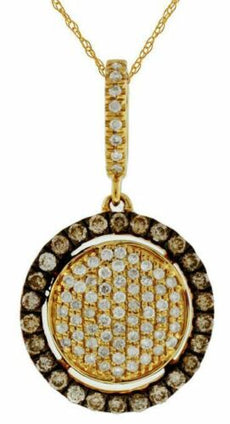 .37CT WHITE & MOCHA DIAMOND 14K YELLOW GOLD 3D CLUSTER ROUND FLOWER HALO PENDANT