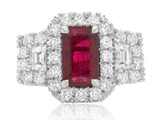 GIA CERTIFIED 3.16CT DIAMOND & AAA RUBY 18KT WHITE GOLD 3 STONE ENGAGEMENT RING