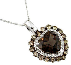 3.10CT WHITE & MOCHA DIAMOND & SMOKY TOPAZ 14K WHITE GOLD 3D HEART SHAPE PENDANT
