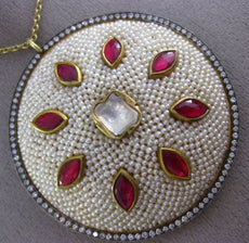 ANTIQUE LARGE 6.0CT DIAMOND AAA RUBY & PEARL ENAMEL 18KT YELLOW GOLD 3D PENDANT