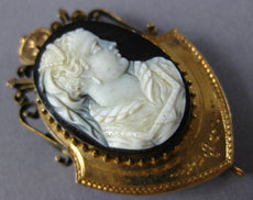 ANTIQUE LARGE LADY CAMEO 14KT YELLOW GOLD 3D FILIGREE VICTORIAN PENDANT BROOCH