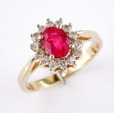1.15CT DIAMOND & AAA RUBY 14KT YELLOW GOLD 3D OVAL & ROUND CLASSIC FLOWER RING