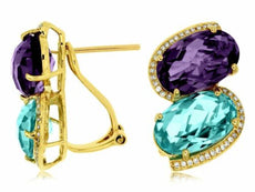 16.55CT DIAMOND & BLUE TOPAZ & AMETHYST 14KT YELLOW GOLD OVAL CLIP ON EARRINGS