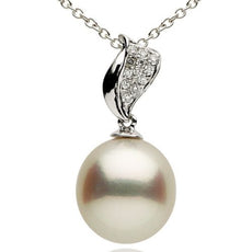 ESTATE .08CT DIAMOND & AAA SOUTH SEA PEARL 14KT WHITE GOLD LEAF FLOATING PENDANT