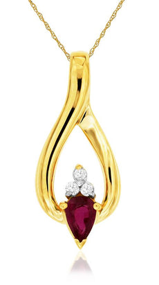 .56CT DIAMOND & AAA RUBY 14KT YELLOW GOLD PEAR SHAPE & ROUND LOVE KNOT PENDANT