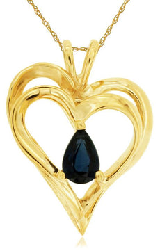 .55CT AAA SAPPHIRE 14K YELLOW GOLD PEAR SHAPE DOUBLE HEART LOVE FLOATING PENDANT