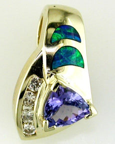 1.39CT DIAMOND AAA TANZANITE & OPAL 14K YELLOW GOLD TRILLIAN & ROUND FUN PENDANT