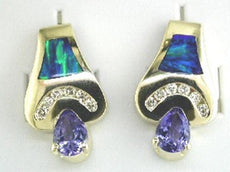 1.78CT DIAMOND AAA TANZANITE & OPAL 14KT YELLOW GOLD TEAR DROP HANGING EARRINGS