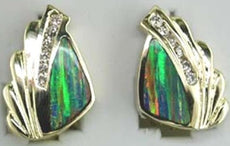 ESTATE .30CT DIAMOND & AAA OPAL 14KT YELLOW GOLD 3D MULTI LEAF FUN STUD EARRINGS