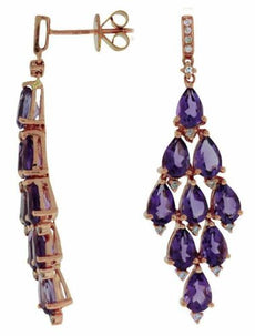 6.72CT DIAMOND & AAA AMETHYST 14KT YELLOW GOLD 3D PEAR SHAPE CHANDELIER EARRINGS