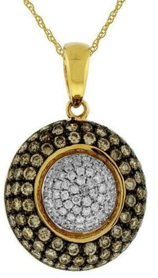 1.43CT WHITE & CHOCOLATE FANCY DIAMOND 14K YELLOW GOLD CLUSTER PAVE HALO PENDANT