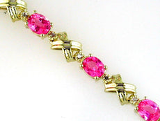 5.95CT DIAMOND & AAA PINK SAPPHIRE 14KT YELLOW GOLD 3 STONE XO TENNIS BRACELET