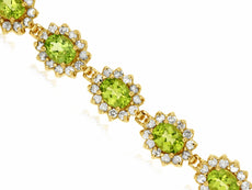 WIDE 10.45CT DIAMOND & AAA PERIDOT 14KT YELLOW GOLD MULTI FLOWER TENNIS BRACELET