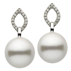 ESTATE .17CT DIAMOND & AAA SOUTH SEA PEARL 14K WHITE GOLD MARQUISE LEAF EARRINGS