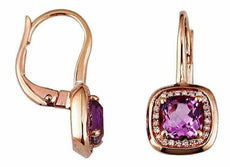 2.01CT DIAMOND & AAA AMETHYST 14KT ROSE GOLD 3D CUSHION HALO HANGING EARRINGS
