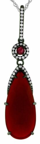 .77CT DIAMOND & AAA RUBY & RED AGATE 14KT WHITE GOLD 3D FLOWER TEAR DROP PENDANT