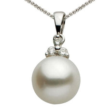 ESTATE .08CT DIAMOND & AAA PEARL 14K WHITE GOLD CLASSIC 3 STONE FLOATING PENDANT