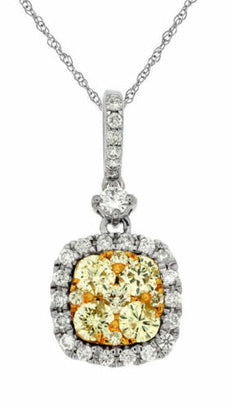 .70CT WHITE & FANCY YELLOW DIAMOND 14K WHITE GOLD 3D CLUSTER SQUARE HALO PENDANT