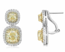 LARGE 3.99CT WHITE & FANCY YELLOW DIAMOND 18KT 2 TONE GOLD HALO HANGING EARRINGS
