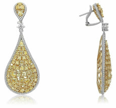 LARGE 15.09CT WHITE & FANCY YELLOW DIAMOND 18KT 2 TONE GOLD TEAR DROP EARRINGS