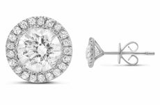 ESTATE .97CT DIAMOND 18KT WHITE GOLD 3D ROUND HALO MARTINI STUD LOVE EARRINGS