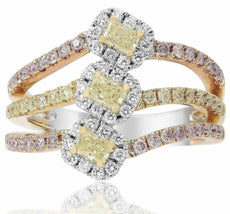 1.04CT WHITE YELLOW & PINK DIAMOND 18KT TRI COLOR GOLD 3 STONE ANNIVERSARY RING