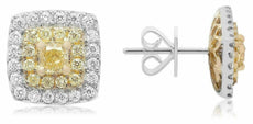 LARGE 1.02CT WHITE & FANCY YELLOW DIAMOND 18K 2 TONE GOLD 3D HALO STUD EARRINGS