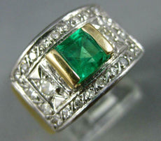 ANTIQUE WIDE 1.25CT DIAMOND & AAA EMERALD 14KT 2 TONE GOLD ENGAGEMENT RING #2008
