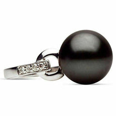ESTATE .09CT DIAMOND & AAA TAHITIAN PEARL 14K WHITE GOLD CLASSIC ROUND LOVE RING