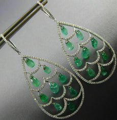 LARGE 9.11CT DIAMONDS & AAA EMERALD 18K WHITE GOLD 3D TEAR DROP HANGING EARRINGS