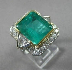 ANTIQUE EXTRA LARGE 10.40CT DIAMOND & AAA COLOMBIAN EMERALD 18KT W&Y GOLD RING