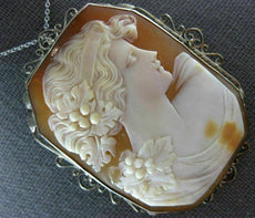 ANTIQUE LARGE 14KT WHITE GOLD FILIGREE LADY SHELL CAMEO PENDANT & BROOCH #20139
