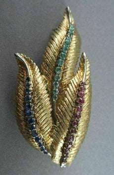 ANTIQUE LARGE 3.50CT AAA SAPPHIRE RUBY & EMERALD LEAF 18KT Y GOLD BROOCH #1883