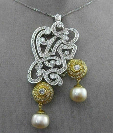 ANTIQUE MASSIVE 2.90CT DIAMOND & PEARL 18K TWO TONE GOLD FILIGREE PENDANT BROOCH