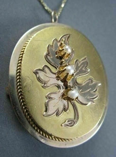 ANTIQUE LARGE 14KT YELLOW & ROSE GOLD FLOWER PEARL PENDANT BROOCH W/ CHAIN #1639