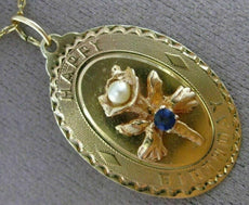 ANTIQUE LARGE .10CT SAPPHIRE PEARL 14K YELLOW GOLD HAPPY BIRTHDAY PENDANT #21188