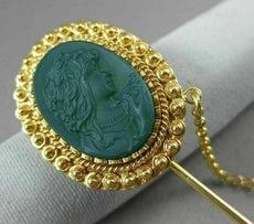 ANTIQUE LARGE AAA JADE 18KT YELLOW GOLD HANDCRAFTED LADY CAMEO LAPEL PIN #22528