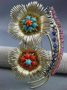 ANTIQUE LARGE 1.75CT MULTI GEM 14KT YELLOW GOLD DOUBLE FLOWER LEAF BROOCH #25412