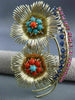 ANTIQUE LARGE 1.75CT MULTI GEM 14KT YELLOW GOLD DOUBLE FLOWER LEAF BROOCH #25412